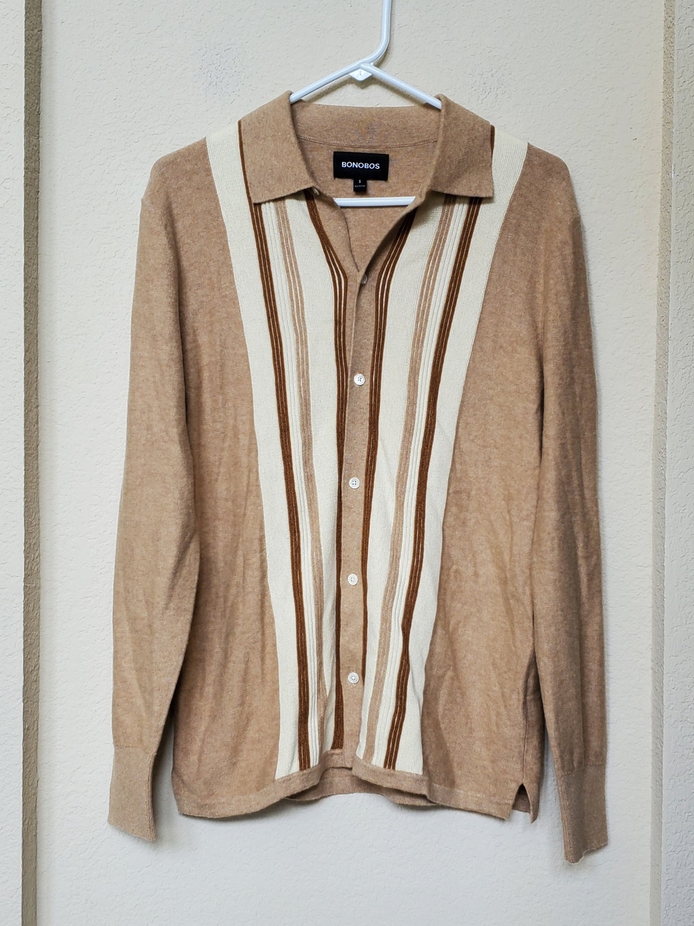 Bonobos Tan and Cream Striped Knit Button-Up Shirt Cardigan.  Size Small